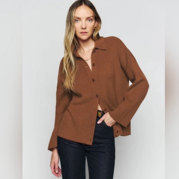 Reformation Fantino Brown/Cinnamon Cashmere Collared Cardigan Sweater Size XS - Picture 1 of 14